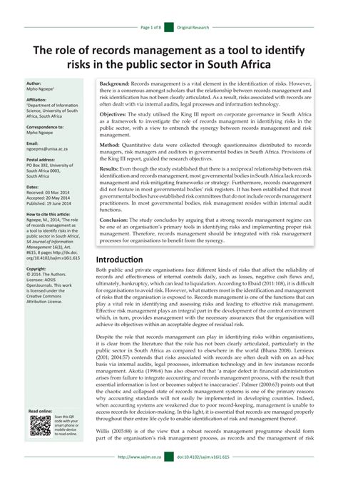 Pdf The Role Of Records Management As A Tool To Identify Risks In The