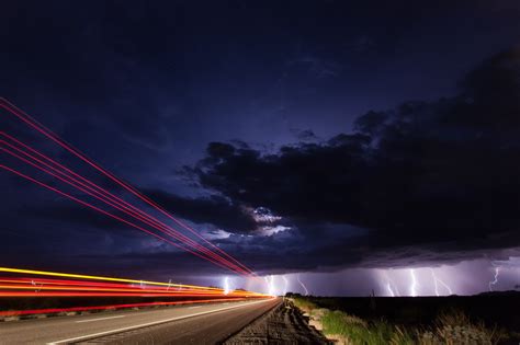 Night Sky Clouds Lightning Lightning Road Light Exposure Wallpaper