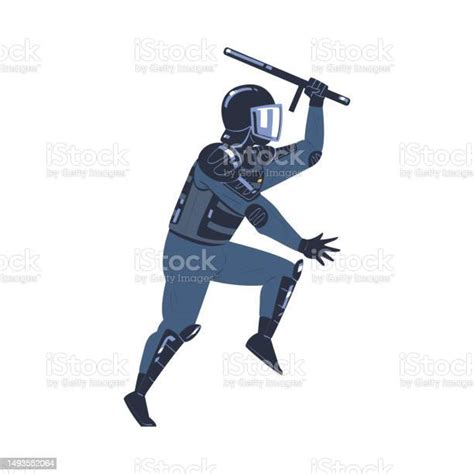riot police officer and squad member in uniform and helmet with baton fighting vector