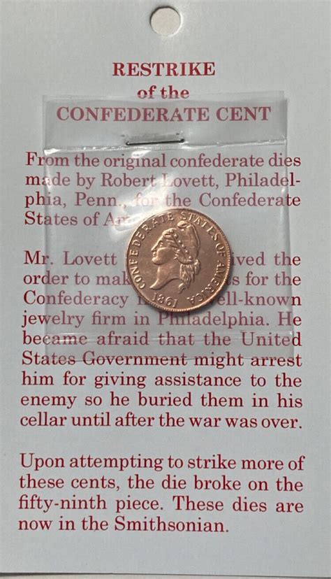 1861 One Cent Coin Confederate States Restrike Csa Civil War Info