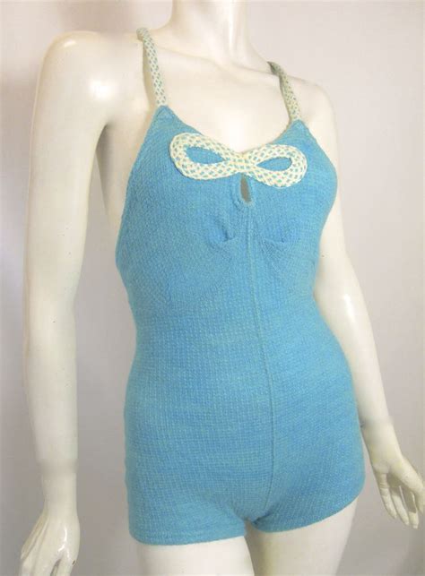Aqua Blue Wool Swimsuit W Braided Detail Circa 1930s Knitwear