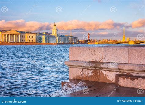 View Of The Embankment Of The Neva River With Water Splashes During The Flood In The Distance