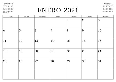 Plantilla Imprimible De Calendario Enero 2021