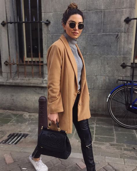 Camel Coat Grey Turtleneck Sweater Leather Pants Dolce And Gabbana