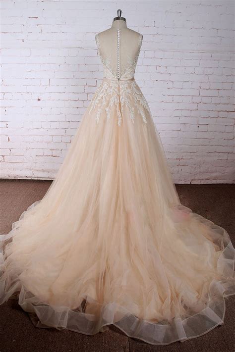 Champagne Round Neck Lace Applique Tulle Long Prom Dress Tulle Weddin
