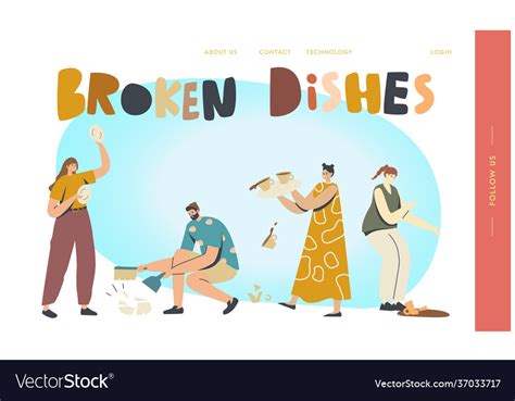 Clumsy Characters Break Dishes Landing Page Vector Image