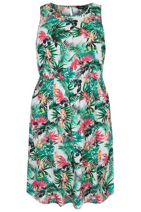 Green And Multi Tropical Floral Print Pocket Dress With Elasticated Waist Plus Size 16 To 32