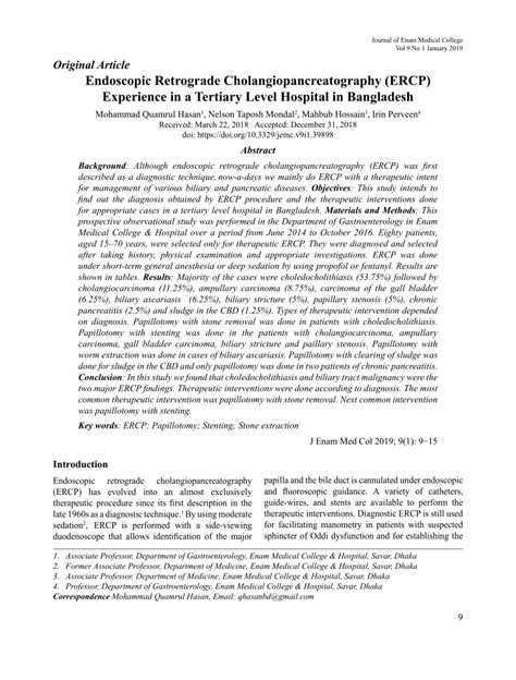 Pdf Endoscopic Retrograde Cholangiopancreatography Ercp Experience