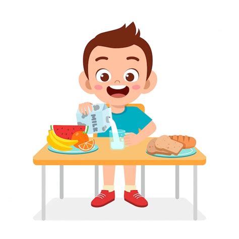 Premium Vector Happy Cute Kid Boy Eat Healthy Food