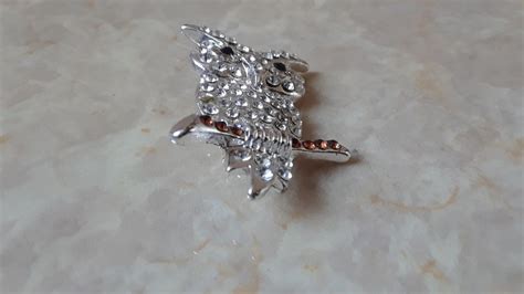 Silver Tone Metal And Crystal Owl Brooch Pin Lapel Owl Pin With Etsy