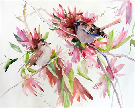 Sparrow Birds And Flowewrs Watercolor Painting Etsy