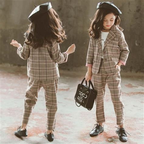 Autumn Teenage Girls Suit Plaid Jacket Pants Maco Buy