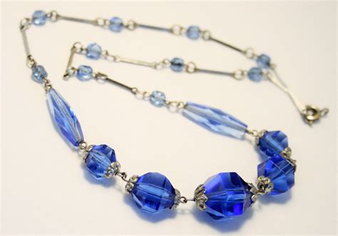 Art Deco Necklace Blue Glass Beads Beaded Necklace