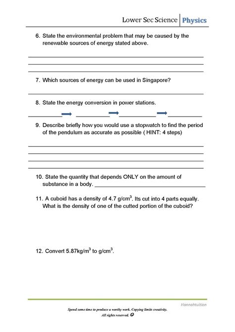 Sec 1 Science Physics Worksheet Physical Quantities And Energy Sources
