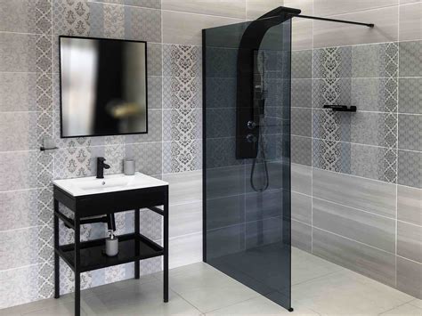 Crystaltech Black Walk In Wall Mounted Shower Screen With Smoke Glass Including Arm Ctfs1020