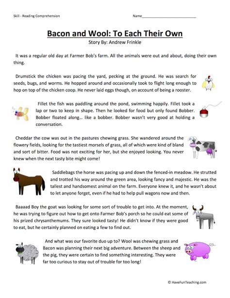 There are five different types to choose from that all ask kids to read very short stories and then to answer some. Bacon and Wool: To Each Their Own - Reading Comprehension ...