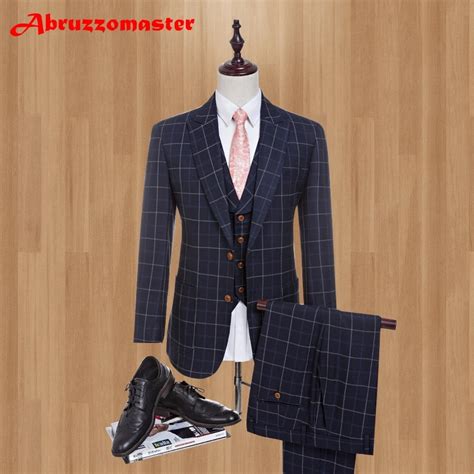 High Quality 3 Pieces Brand Peaked Lapel Men Suits Plaid Suits For