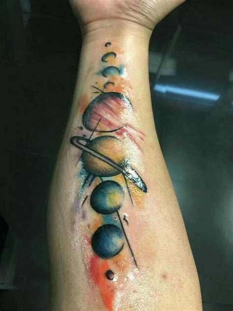 With a gentle and simple style, the small mini airplane tattoos on the wrist or ankle, the shoulder also makes people impressed. Watercolor planet tattoo | Tattoos, Tattoos for guys