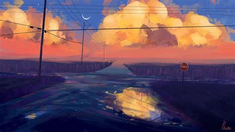 Download 1920x1080 Anime Landscape Sunset Scenic Clouds Crescent