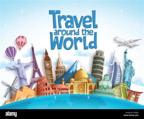 Travel Around The World Vector Design With Famous Landmarks And Tourist