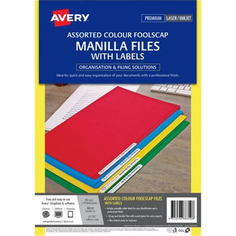 Manilla Folder Avery Foolscap Laserlabel Assorted Colours 20