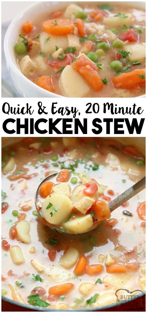 This easy chicken stew combines browned chicken thighs with onion, celery, carrots, potatoes, green beans and peas in a rich creamy chicken broth that is perfectly seasoned. 20-MINUTE CHICKEN STEW RECIPE - Butter with a Side of Bread