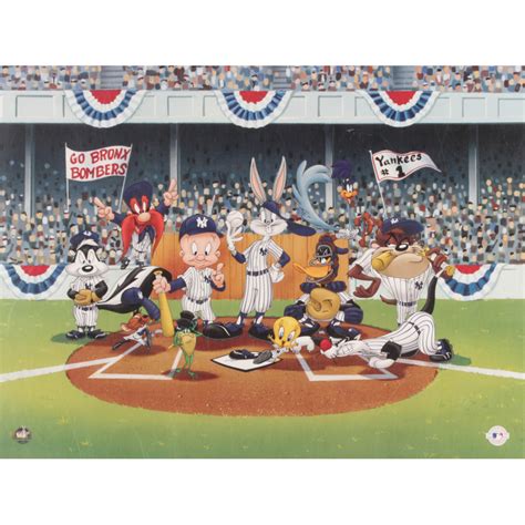 Yankees Line Up At The Plate Looney Tunes 16x20 Lithograph Cm Coa