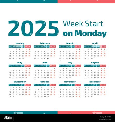 Simple Calendario Del Año 2025 La Semana Comienza En Lunes Imagen