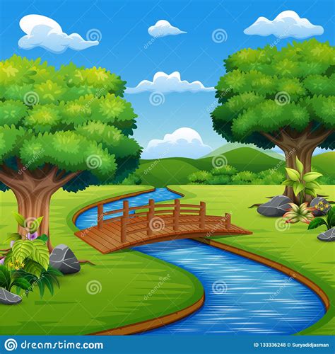 River Cartoons In The Middle Beautiful Natural Scenerybackground Scene