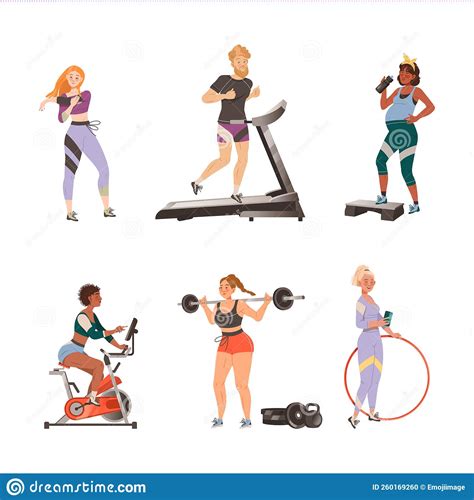 People Doing Sports And Working Out In Gym Set Men And Women Running
