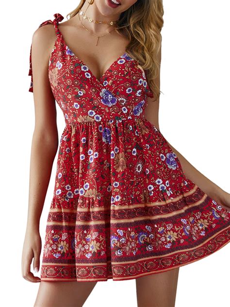 Womens Summer Beach Short Mini Dress Sundress Boho Floral Print Chiffon Sleeveless V Neck Casual