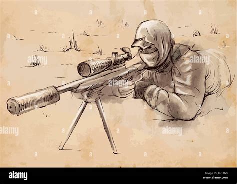 An Hand Drawn Full Sized Illustration Shooter Sniper Stock Vector