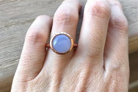 Blue Chalcedony Gemstone Solitaire Ring Round Blue Aquamarine