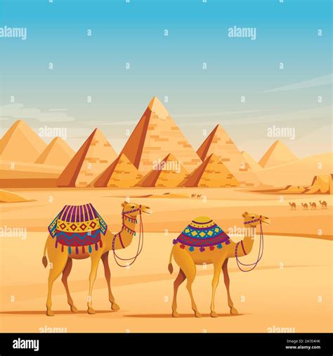 Giza Egyptian Pyramids Desert Landscape With Camels Flat Vector Illustration Horizontal Image