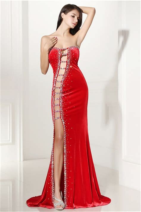 Unique Sexy Cutouts Long Red Charmeuse Beaded Prom Dress With Slit