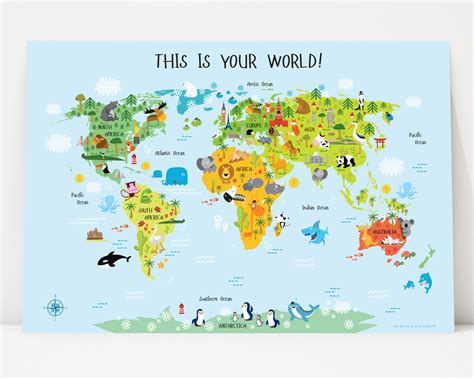 Printable Wall Art World Map Instant Download Nursery