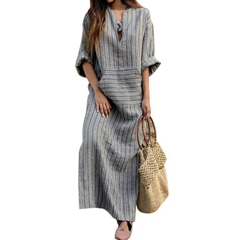 Nicesee Nicesee Women Long Sleeve Loose Vintage Cotton Linen Dress