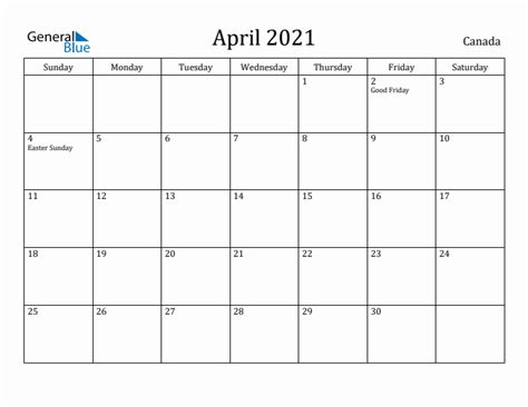April 2021 Monthly Calendar With Canada Holidays