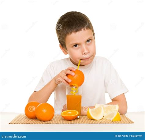 Boy Drink Orange Juice With A Straw Stock Image Image Of Juicy