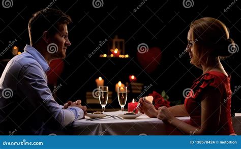 Couple Having Romantic Dinner In High Quality Restaurant Evening For