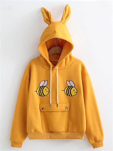 Shop Bee Embroidered Ear Hooded Sweatshirt Online Shein Offers Bee
