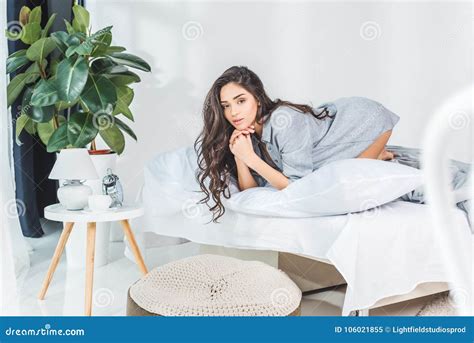 Girl On Bed Stock Image Image Of People Brunette Feminine