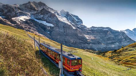 The Red Train On The Jungfrau Railway Jungfraujoch Bernese Highlands