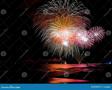 Wonderful Fireworks Lighting Ocean`s Water Stock Image Image Of