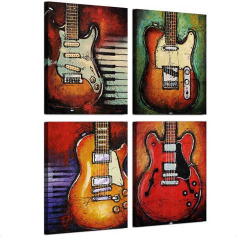 Music Musician Electric Guitar Instrument Framed 4 Piece Canvas Wall A
