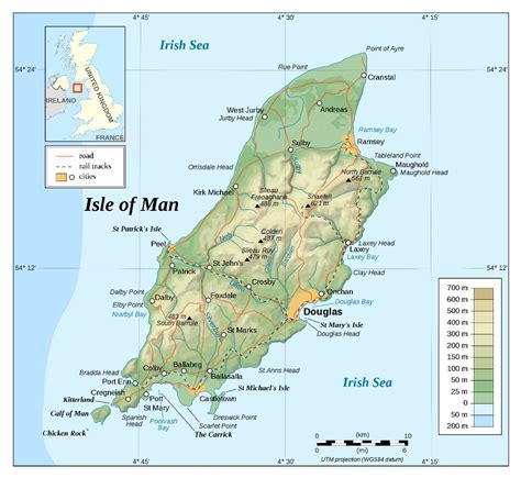 Large Detailed Physical Map Of Isle Of Man With Roads And Cities Isle