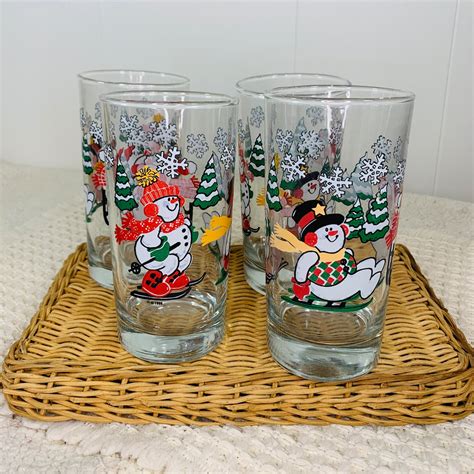 Set Of Four Holiday Snowman Drinking Glasses Etsy