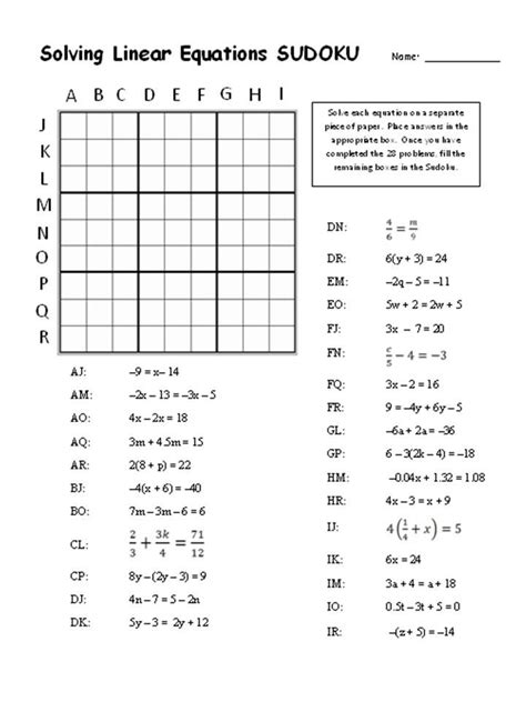 Linear Equations Sudoku Math School Solving Linear Equations
