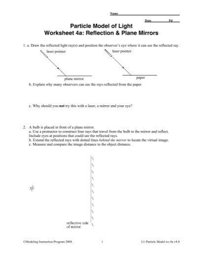 Particle Model Of Light Worksheet 4a Reflection Modeling Physics