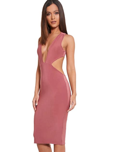 Plunge Deep V Neck Sleeveless Side Cut Out Open Back Sexy Women Dress Party Club Pencil High